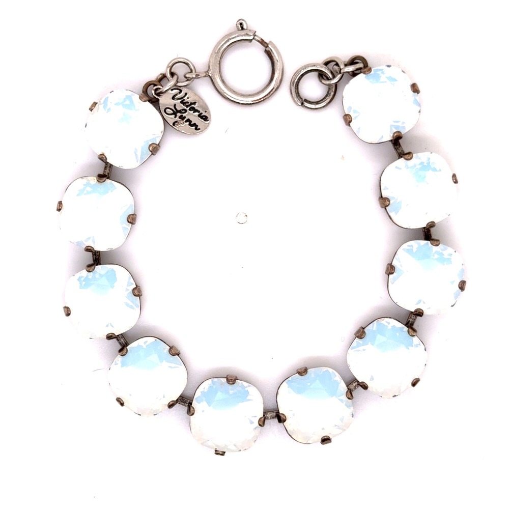 Victoria Lynn White Opal Glass Cushion Cut Brass Link Bracelet 7 Inch